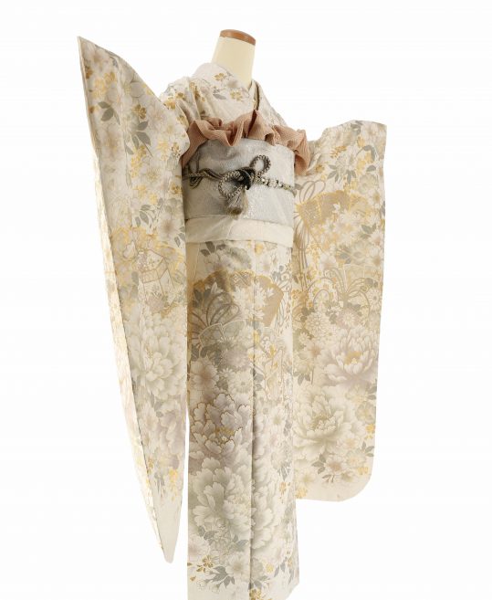 参列振袖[キレイ系]白にグレーとゴールドの花々と御所車[身長166cmまで]No.1096